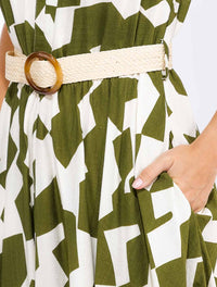 WOMEN'S SHORT SLEEVE V-NECK ELASTIC WAIST POCKETS BELTED PRINT MAXI DRESS