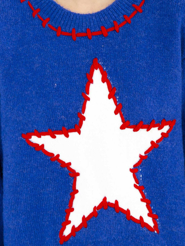 WOMEN'S LONG SLEEVE STARS PRINT PULLOVER SWEATER