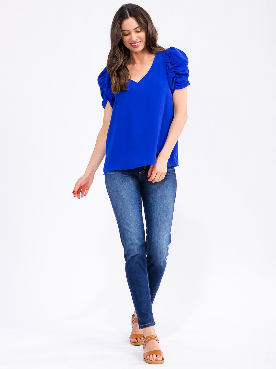 WOMEN'S SHORT PUFF SLEEVE V-NECK BLOUSE