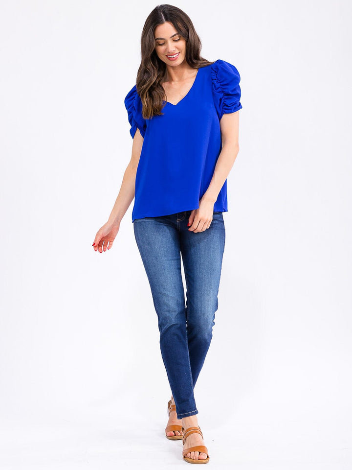 WOMEN'S SHORT PUFF SLEEVE V-NECK BLOUSE