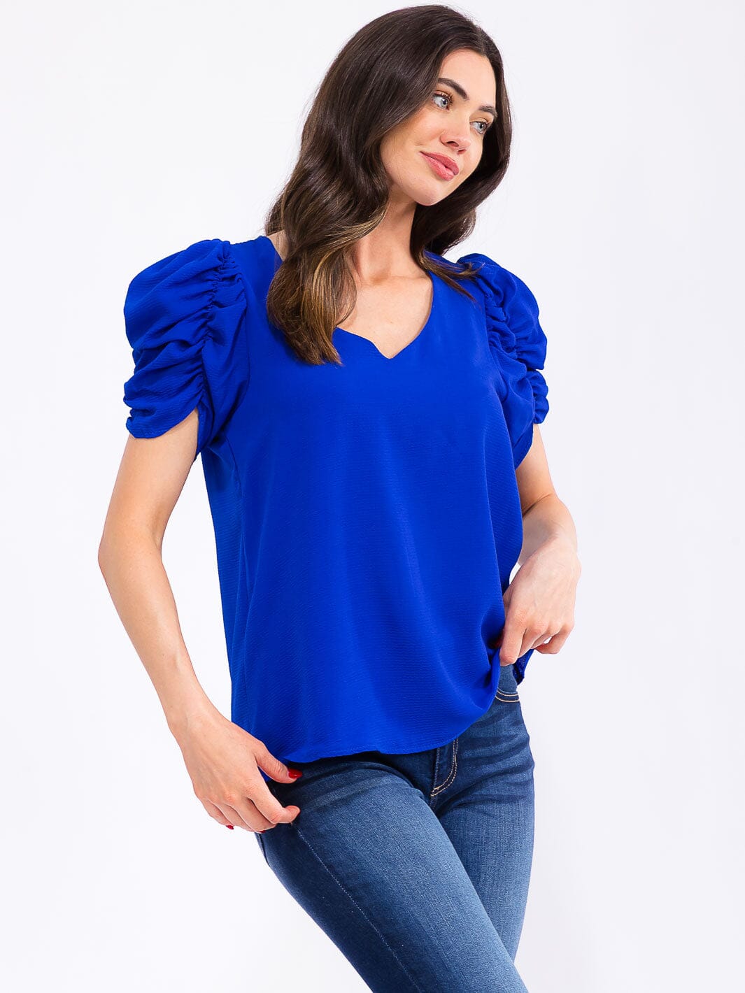 WOMEN'S SHORT PUFF SLEEVE V-NECK BLOUSE