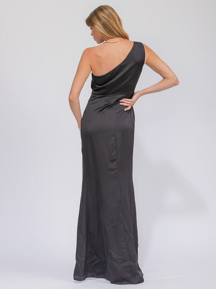 WOMEN'S SLEEVELESS ONE SHOULDER SURPLICE FRONT SLIT MAXI GOWN DRESS