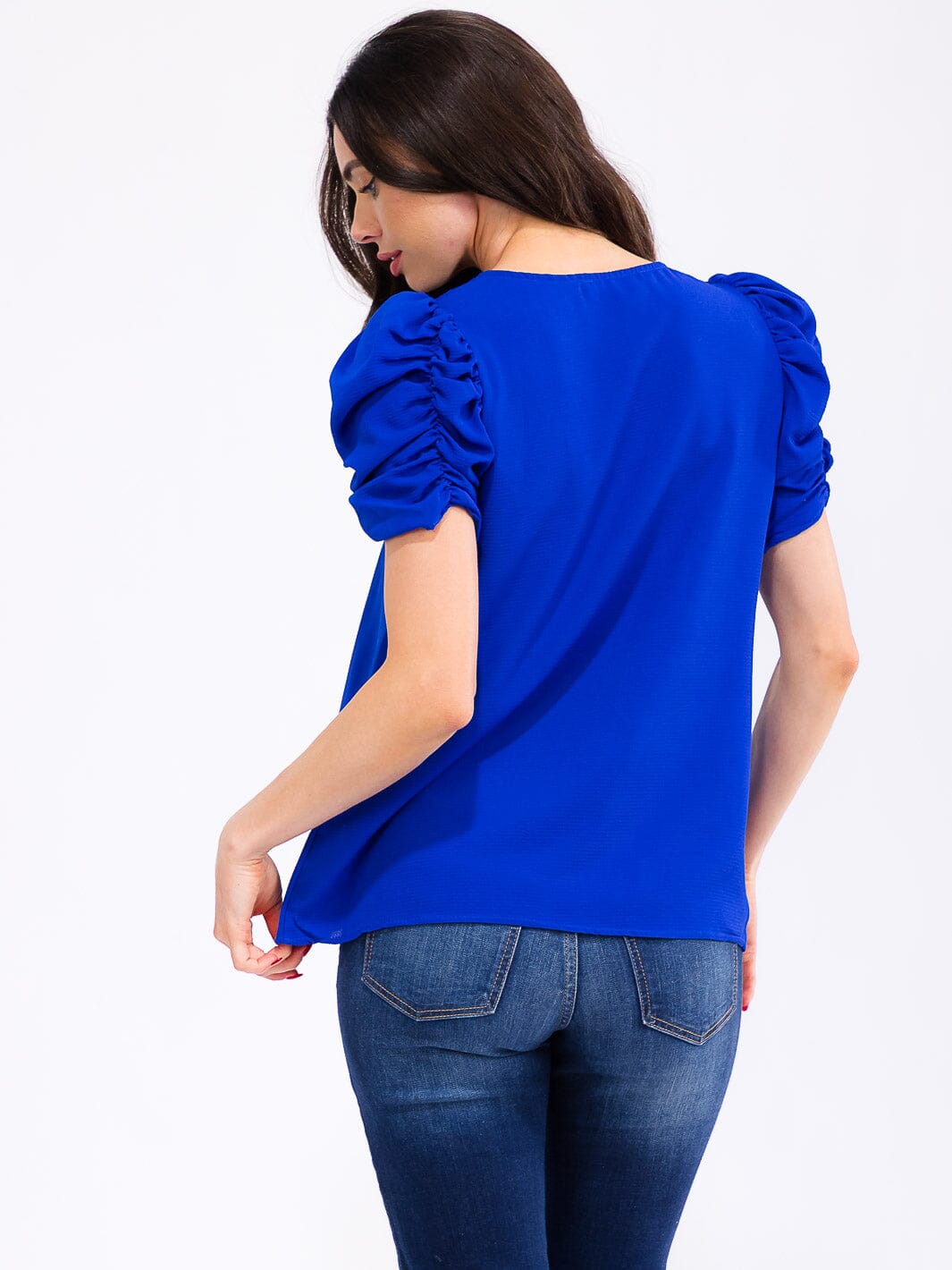 WOMEN'S SHORT PUFF SLEEVE V-NECK BLOUSE