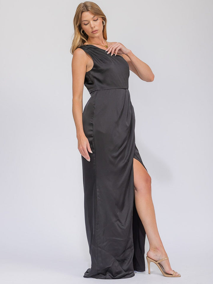 WOMEN'S SLEEVELESS ONE SHOULDER SURPLICE FRONT SLIT MAXI GOWN DRESS