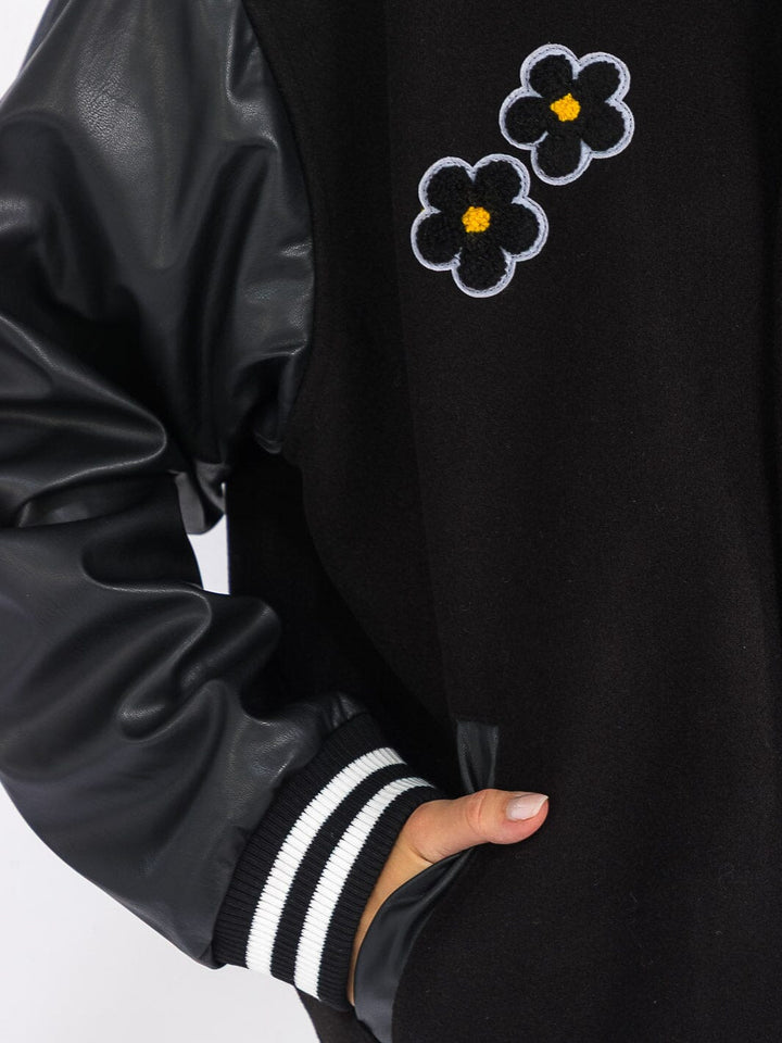 WOMEN'S LONG SLEEVE ZIP UP FRONT POCKETS CONTRAST PU PLEATHER JACKET