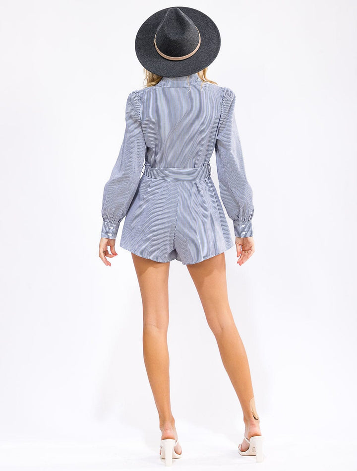 WOMEN'S LONG SLEEVE BUTTON UP SELF TIE FRONT POCKETS STRIPES ROMPER
