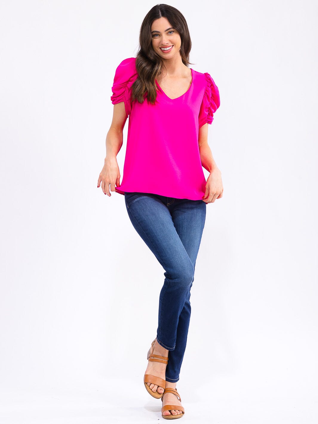 WOMEN'S SHORT PUFF SLEEVE V-NECK BLOUSE