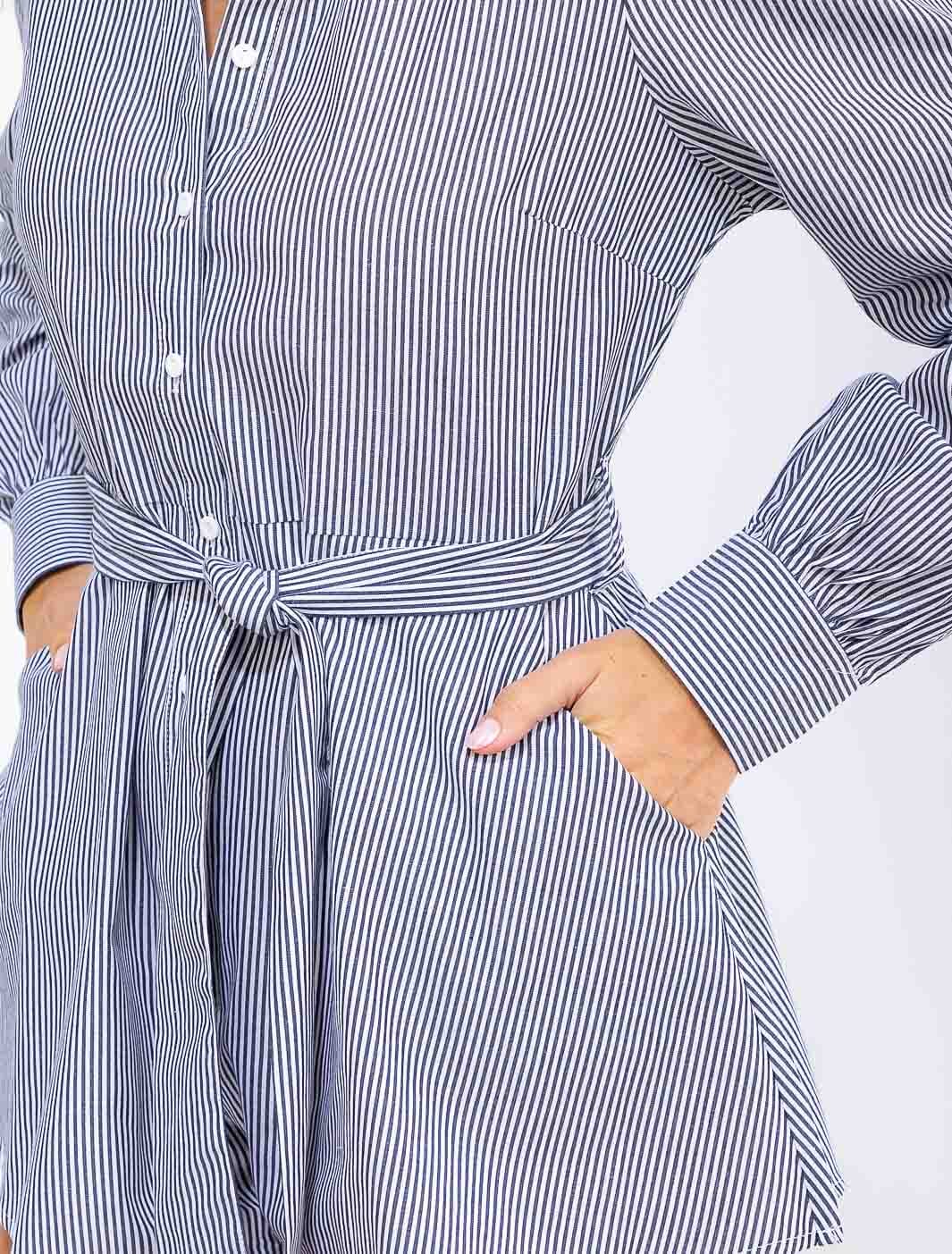 WOMEN'S LONG SLEEVE BUTTON UP SELF TIE FRONT POCKETS STRIPES ROMPER
