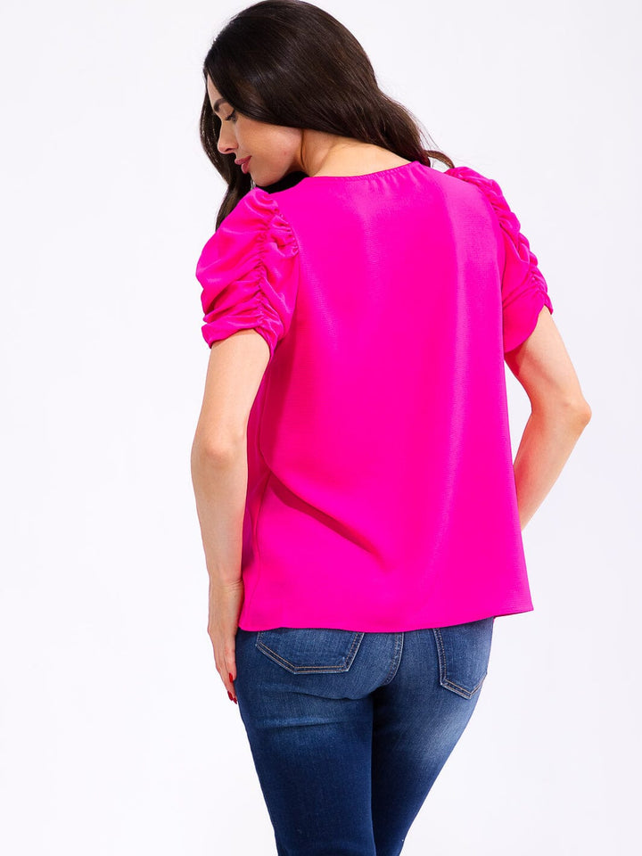 WOMEN'S SHORT PUFF SLEEVE V-NECK BLOUSE