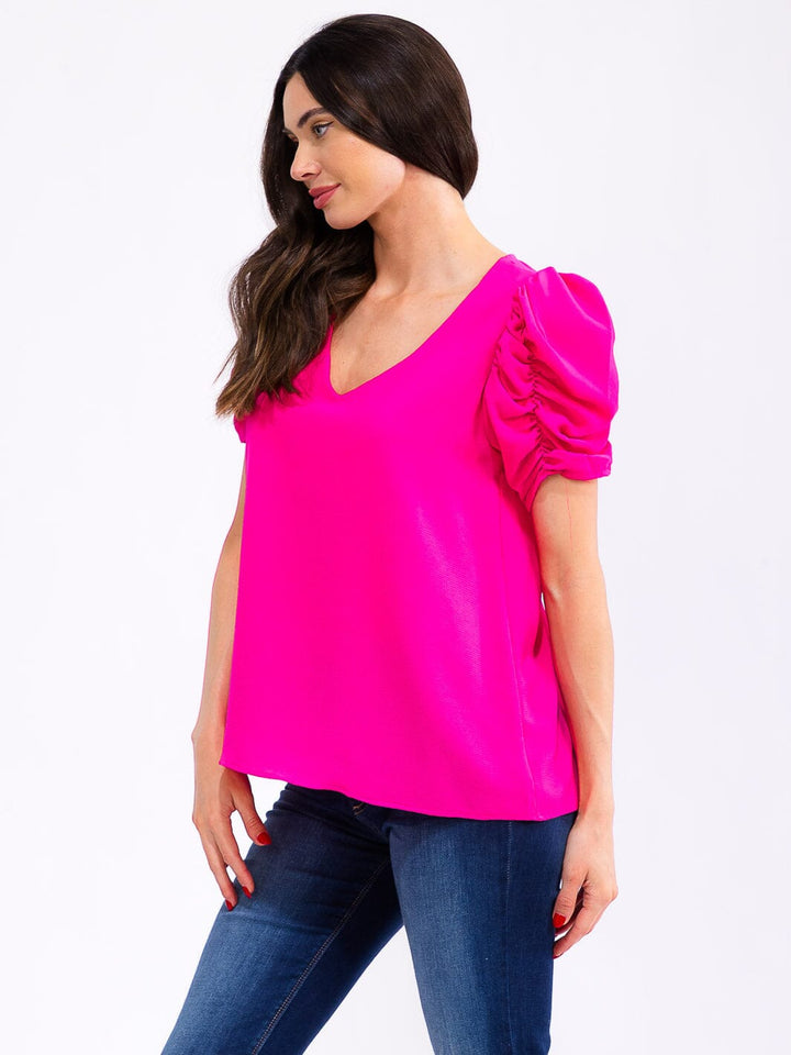 WOMEN'S SHORT PUFF SLEEVE V-NECK BLOUSE