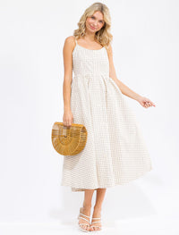 WOMEN'S SLEEVELESS FRONT POCKETS SMOCK CHEKERS PRINT MAXI DRESS