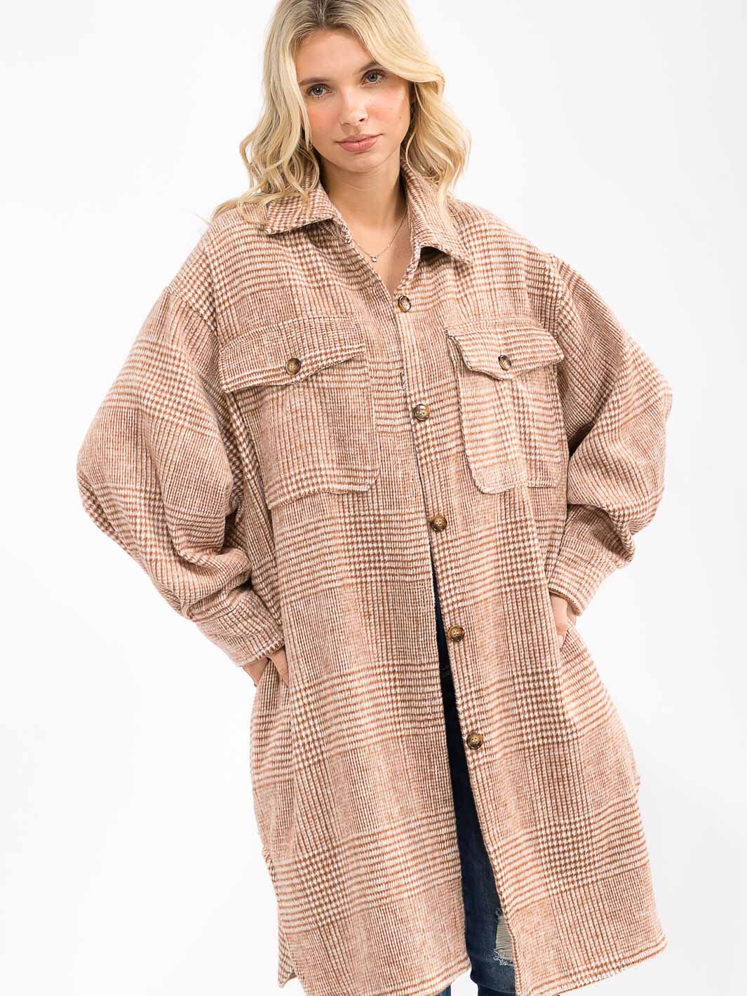 WOMEN'S LONG SLEEVE BUTTON UP FRONT POCKETS PLAID OVERSIZED COAT