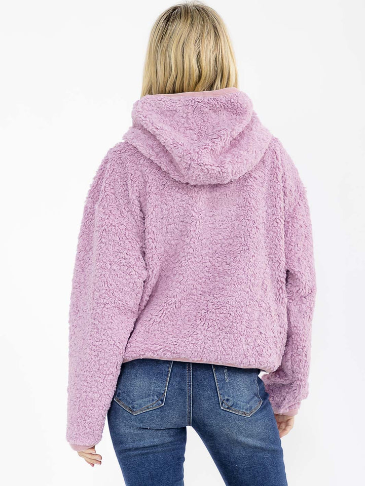 WOMEN'S LONG SLEEVE ZIPPER CLOSURE FRONT POCKETS HOODED SHERPA JACKET