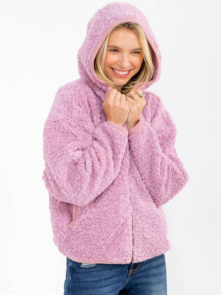 WOMEN'S LONG SLEEVE ZIPPER CLOSURE FRONT POCKETS HOODED SHERPA JACKET