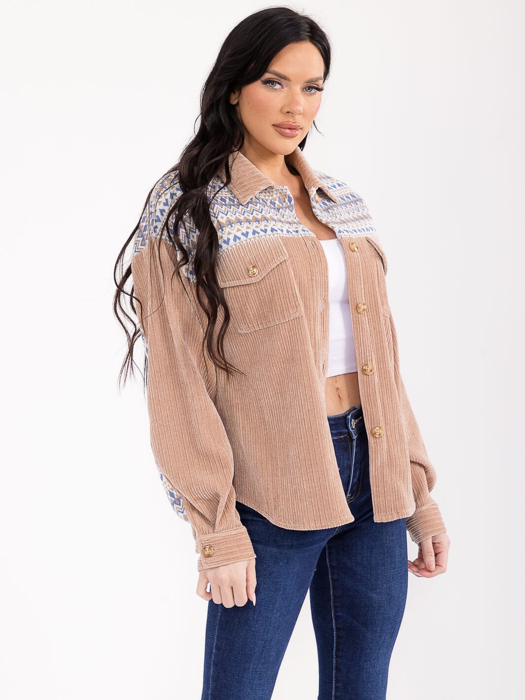 WOMEN'S LONG SLEEVE BUTTON CLOSURE FRONT POCKETS CONTRAST CORDUROY SHACKET