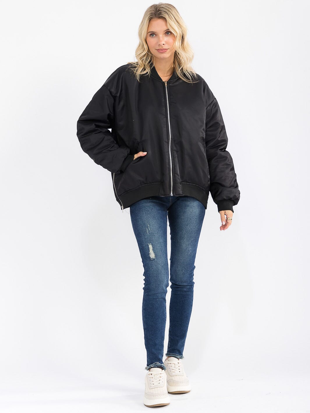 WOMEN'S LONG SLEEVE ZIP UP FRONT POCKETS BOMBER JACKET