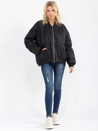 WOMEN'S LONG SLEEVE ZIP UP FRONT POCKETS BOMBER JACKET