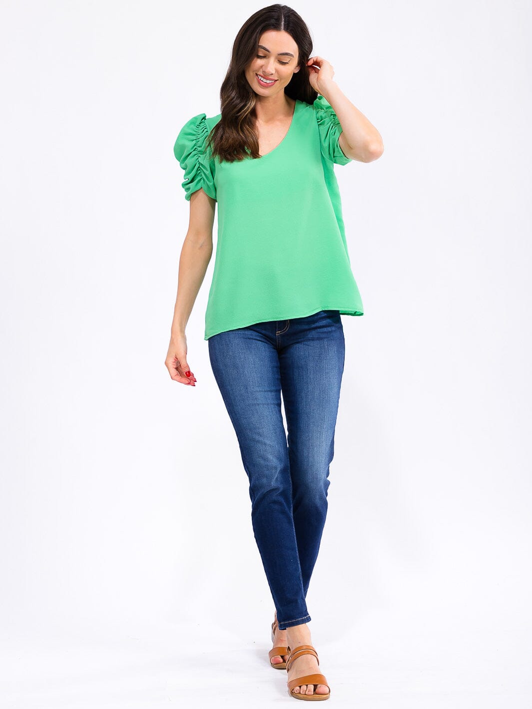 WOMEN'S SHORT PUFF SLEEVE V-NECK BLOUSE