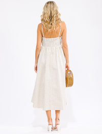 WOMEN'S SLEEVELESS FRONT POCKETS SMOCK CHEKERS PRINT MAXI DRESS