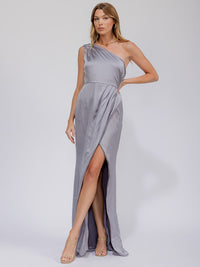 WOMEN'S SLEEVELESS ONE SHOULDER SURPLICE FRONT SLIT MAXI GOWN DRESS