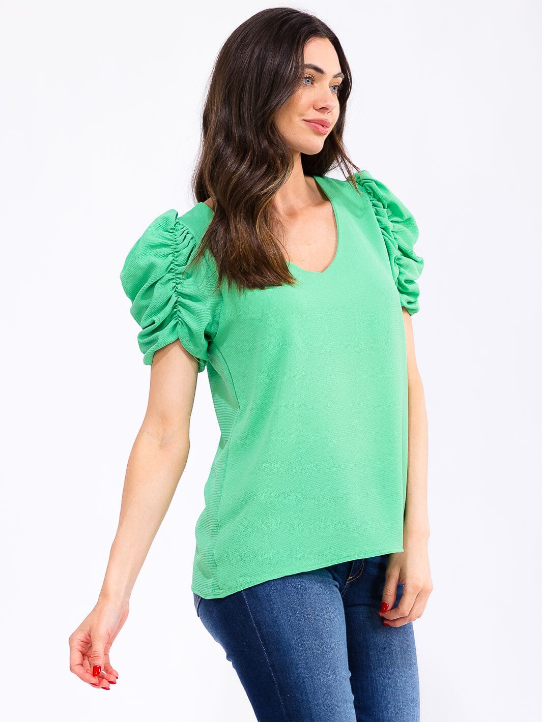 WOMEN'S SHORT PUFF SLEEVE V-NECK BLOUSE