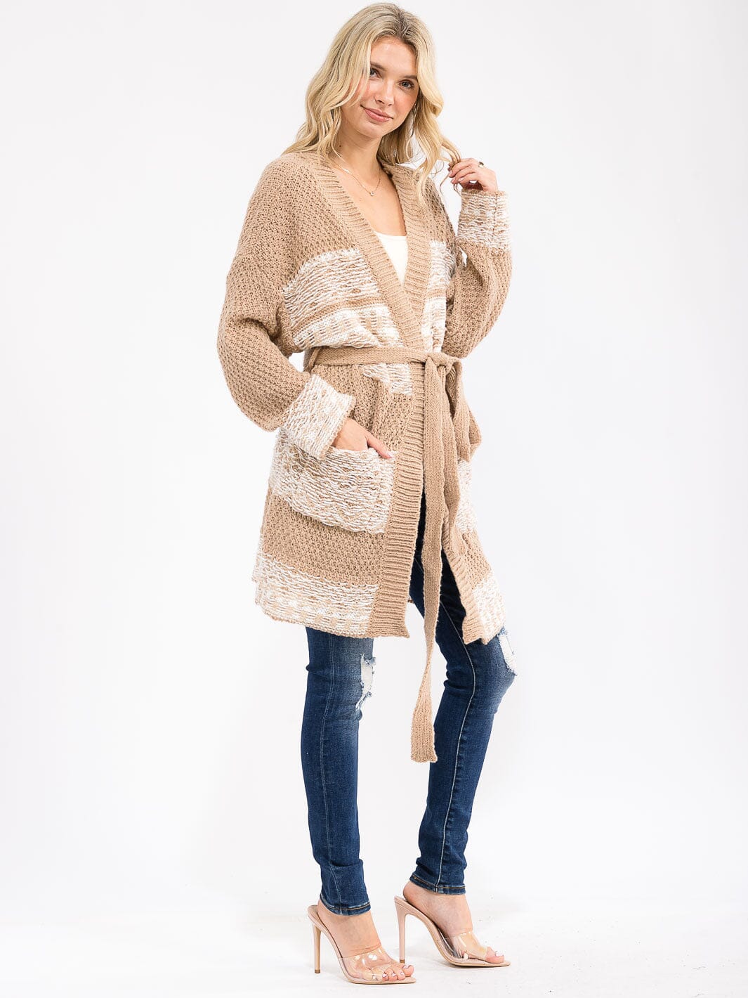 WOMEN'S LONG SLEEVE OPEN FRONT POCKETS SELF TIE KNIT CARDIGAN