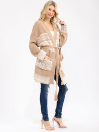 WOMEN'S LONG SLEEVE OPEN FRONT POCKETS SELF TIE KNIT CARDIGAN