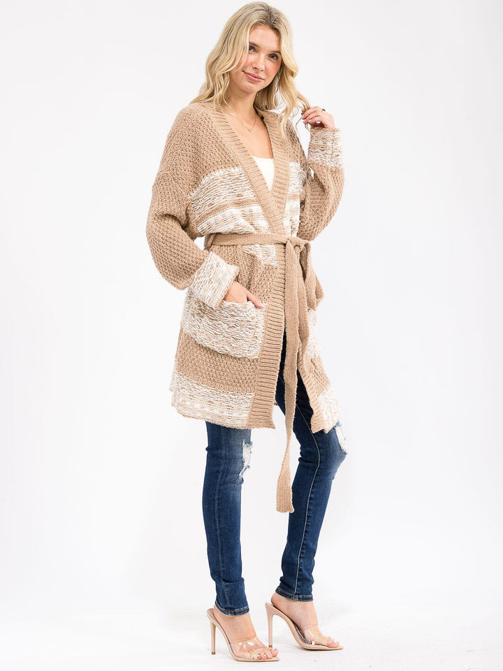 WOMEN'S LONG SLEEVE OPEN FRONT POCKETS SELF TIE KNIT CARDIGAN