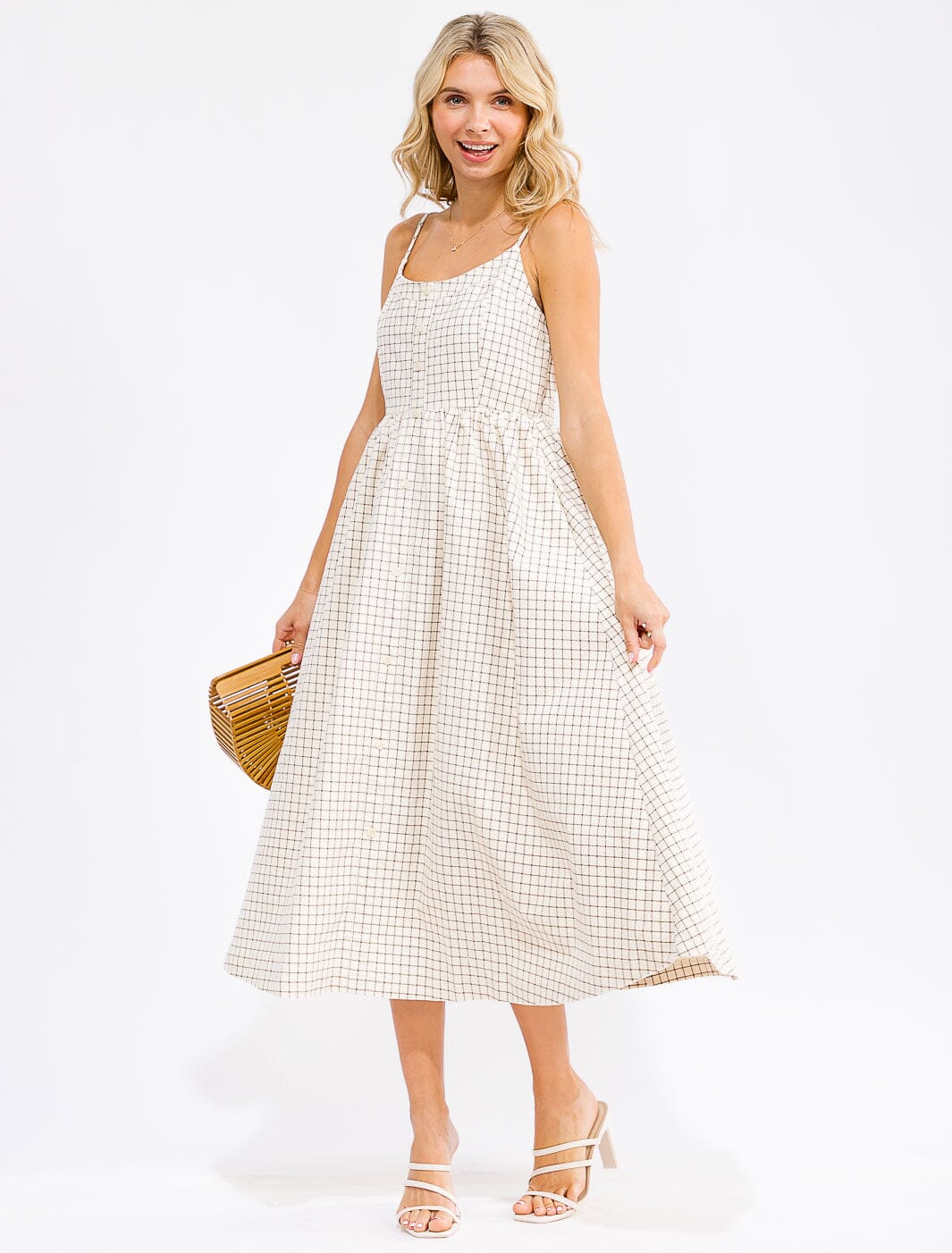 WOMEN'S SLEEVELESS FRONT POCKETS SMOCK CHEKERS PRINT MAXI DRESS