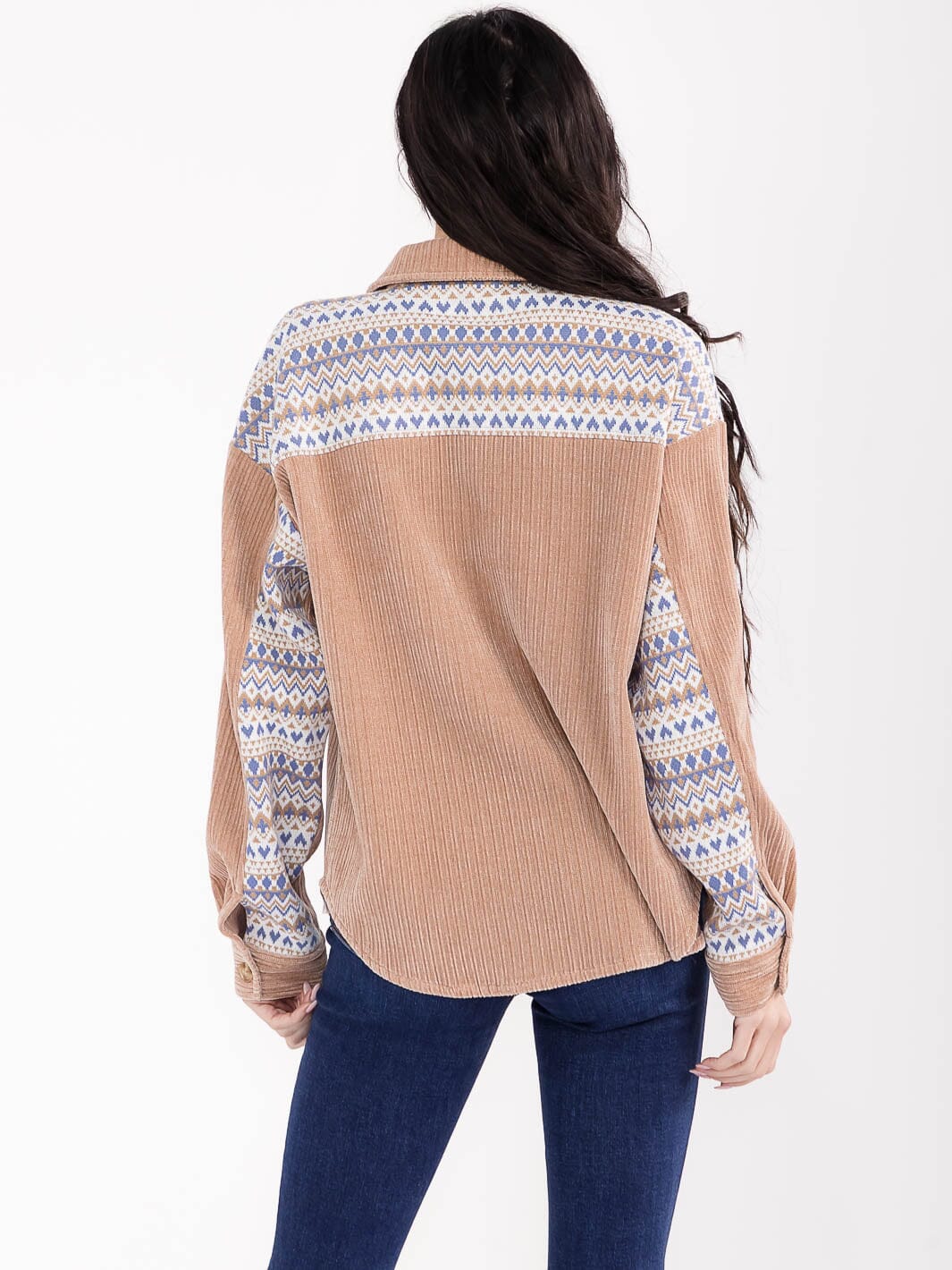 WOMEN'S LONG SLEEVE BUTTON CLOSURE FRONT POCKETS CONTRAST CORDUROY SHACKET