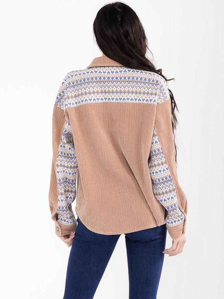 WOMEN'S LONG SLEEVE BUTTON CLOSURE FRONT POCKETS CONTRAST CORDUROY SHACKET