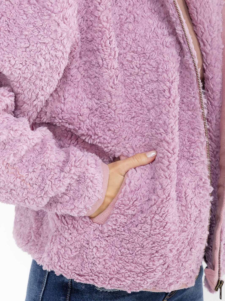 WOMEN'S LONG SLEEVE ZIPPER CLOSURE FRONT POCKETS HOODED SHERPA JACKET