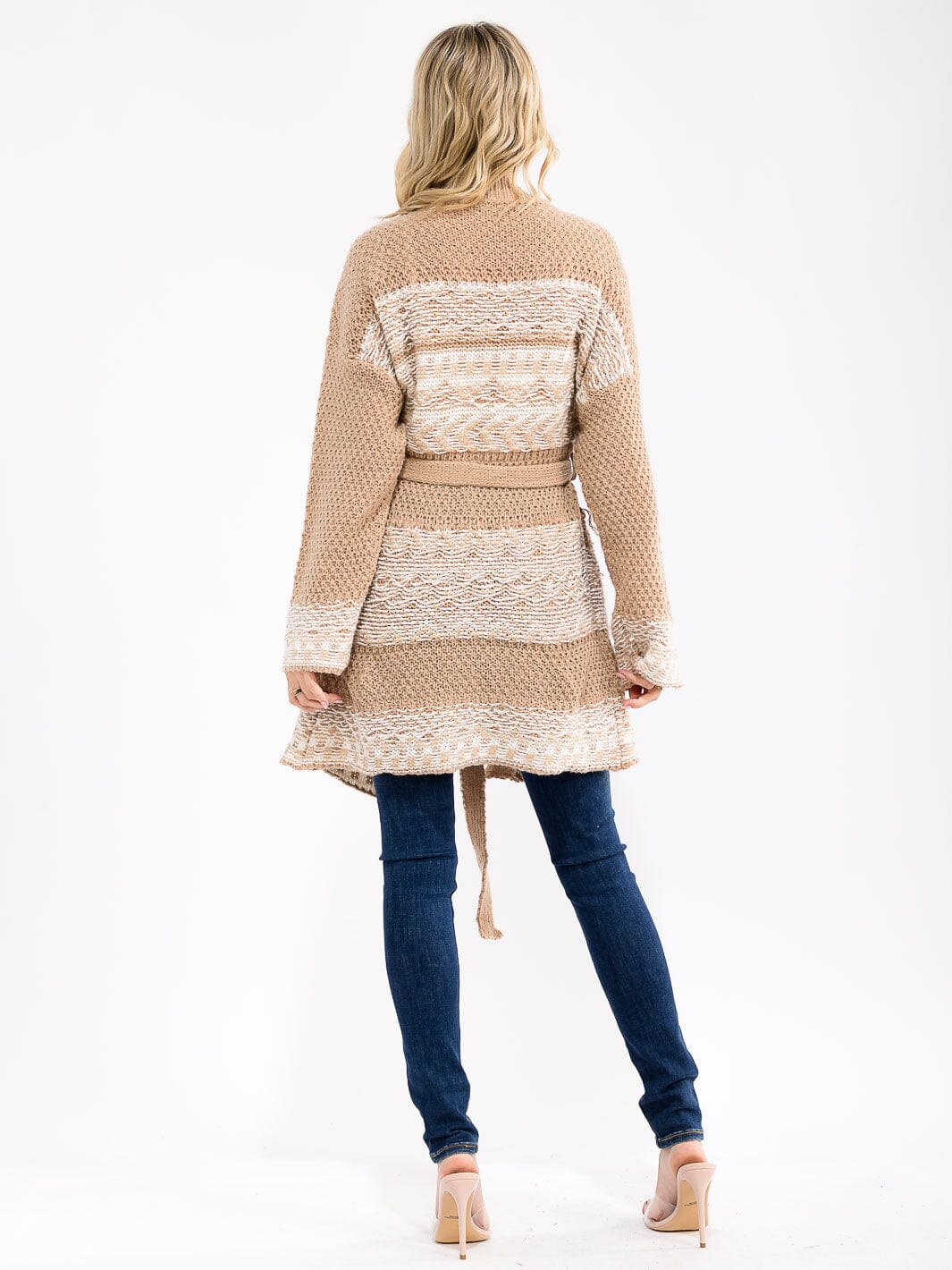 WOMEN'S LONG SLEEVE OPEN FRONT POCKETS SELF TIE KNIT CARDIGAN