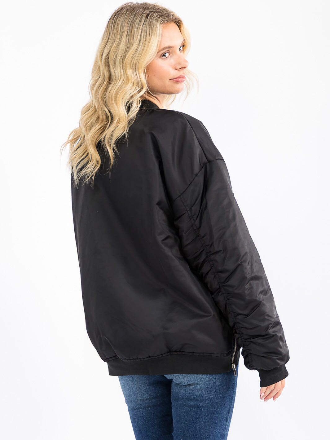 WOMEN'S LONG SLEEVE ZIP UP FRONT POCKETS BOMBER JACKET