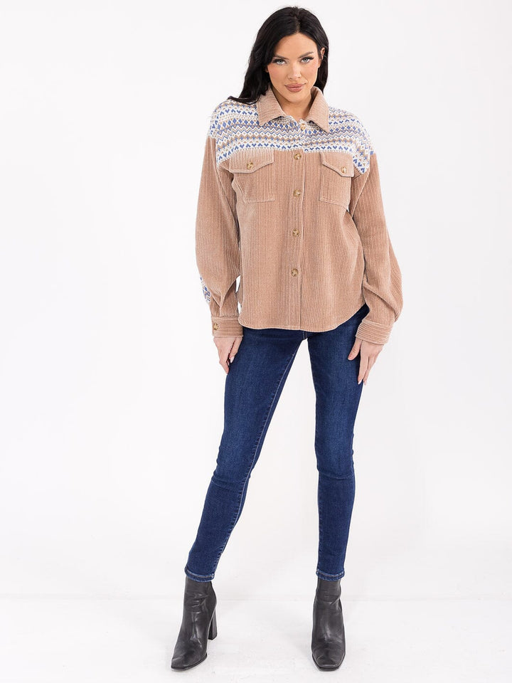 WOMEN'S LONG SLEEVE BUTTON CLOSURE FRONT POCKETS CONTRAST CORDUROY SHACKET