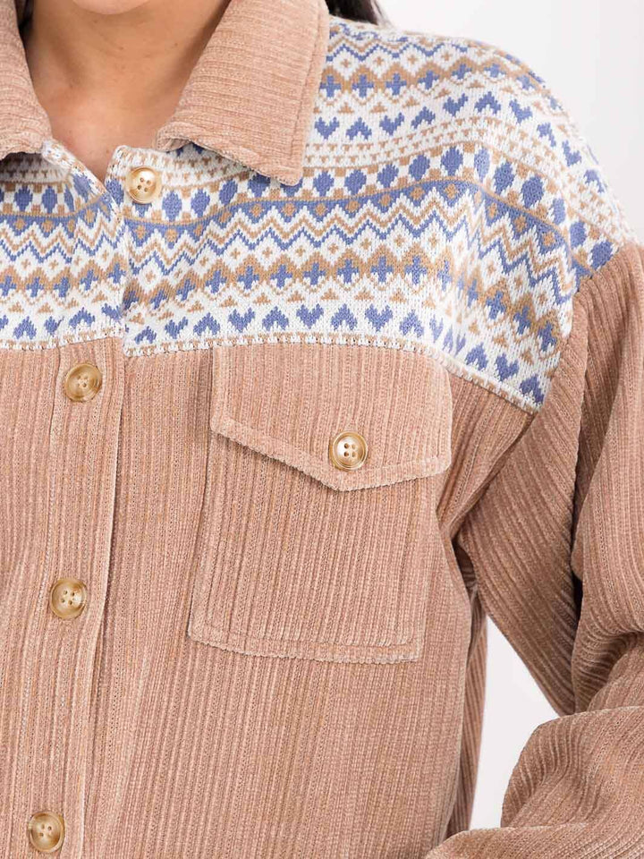 WOMEN'S LONG SLEEVE BUTTON CLOSURE FRONT POCKETS CONTRAST CORDUROY SHACKET