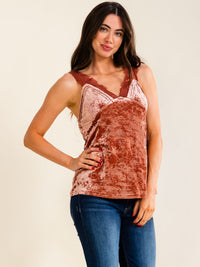 ENTRO WOMEN'S SLEEVELESS V-NECK LACE DETAILED VELVET TOP