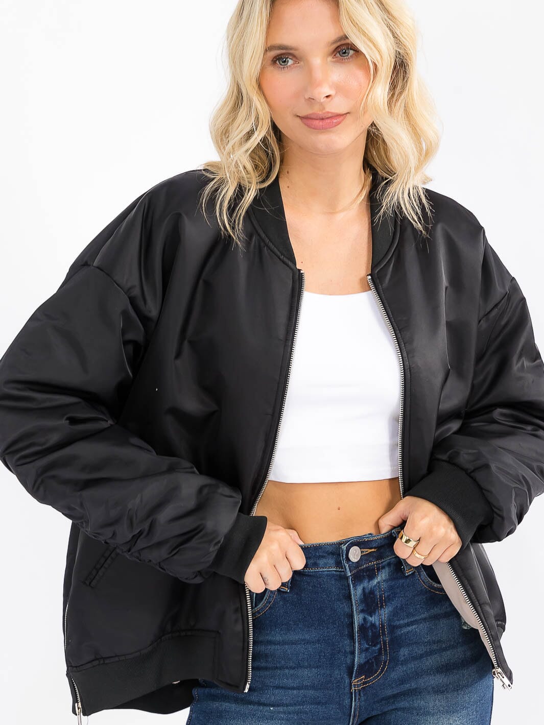WOMEN'S LONG SLEEVE ZIP UP FRONT POCKETS BOMBER JACKET