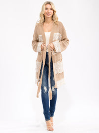 WOMEN'S LONG SLEEVE OPEN FRONT POCKETS SELF TIE KNIT CARDIGAN