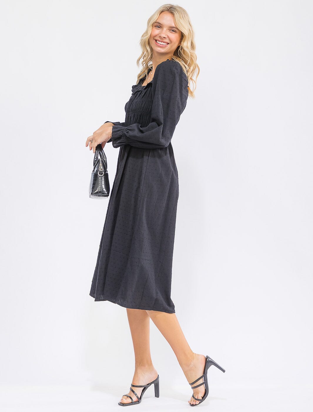 WOMEN'S LONG SLEEVE SMOCK RUFFLE SWISS DOTS MIDI DRESS