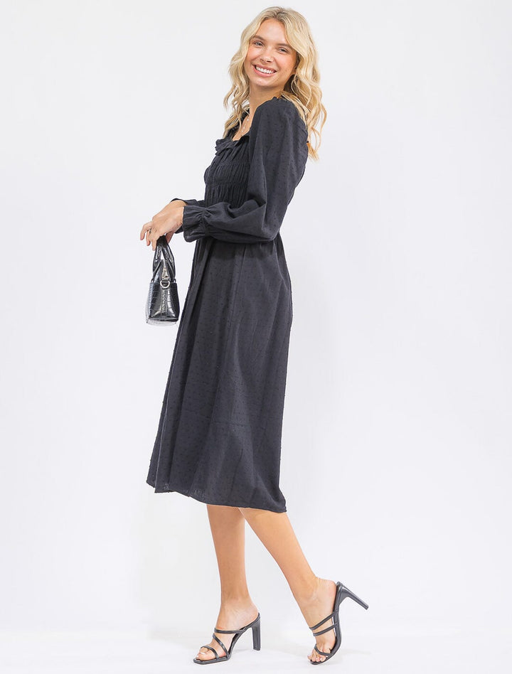 WOMEN'S LONG SLEEVE SMOCK RUFFLE SWISS DOTS MIDI DRESS