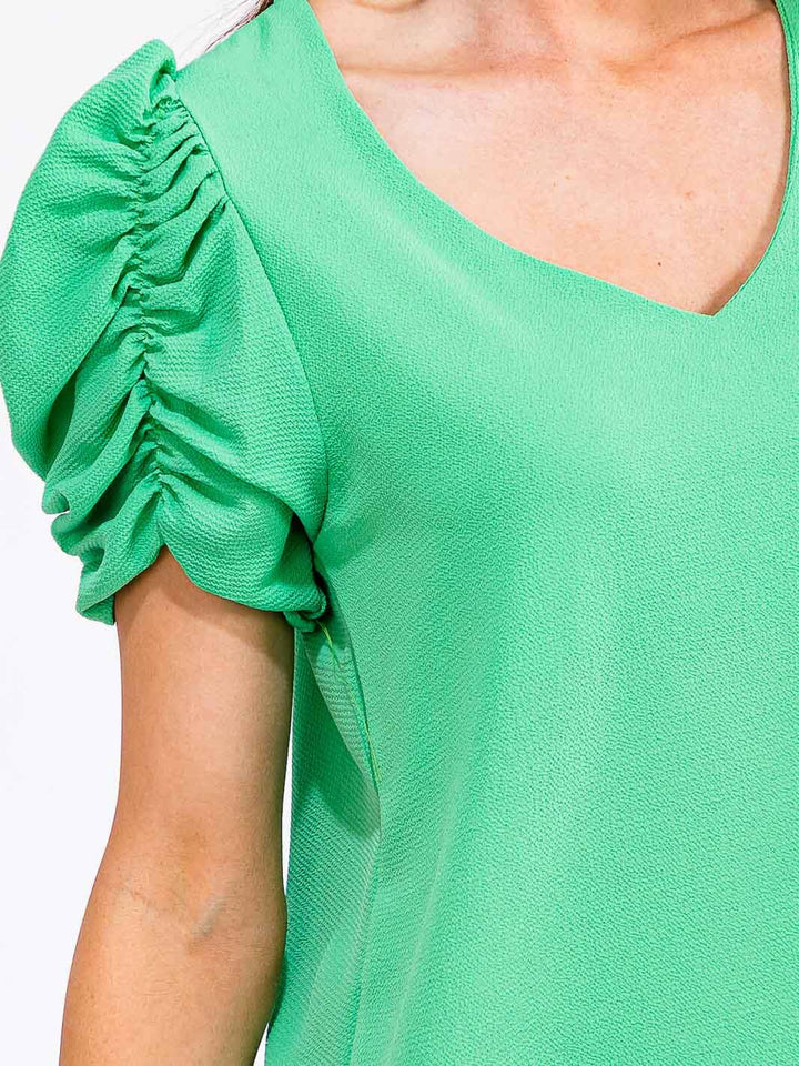WOMEN'S SHORT PUFF SLEEVE V-NECK BLOUSE