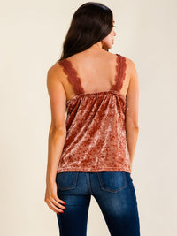 ENTRO WOMEN'S SLEEVELESS V-NECK LACE DETAILED VELVET TOP