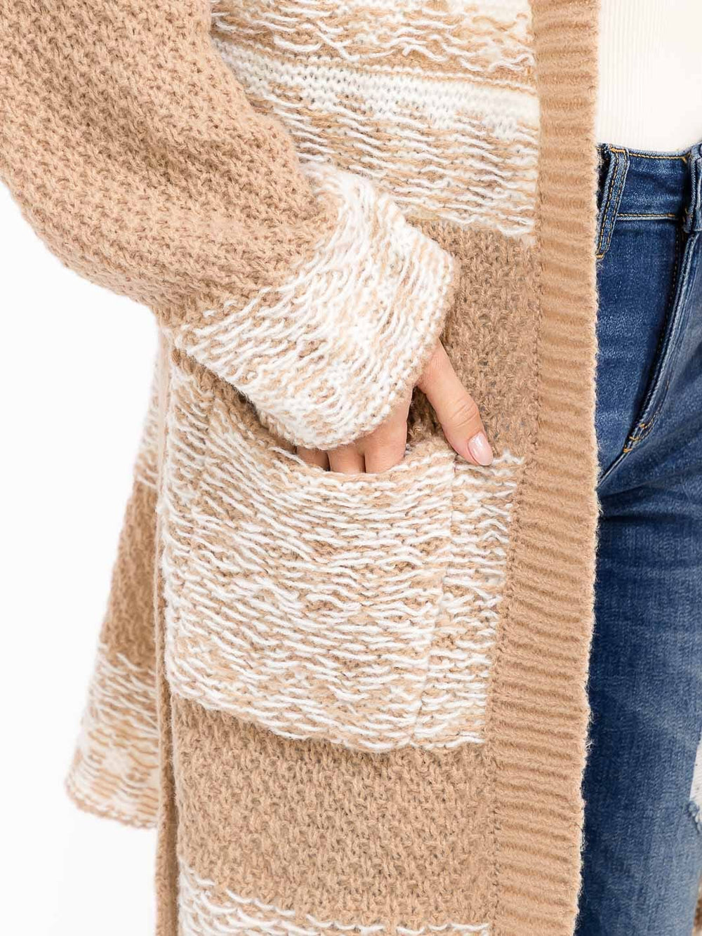 WOMEN'S LONG SLEEVE OPEN FRONT POCKETS SELF TIE KNIT CARDIGAN