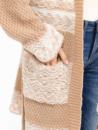 WOMEN'S LONG SLEEVE OPEN FRONT POCKETS SELF TIE KNIT CARDIGAN
