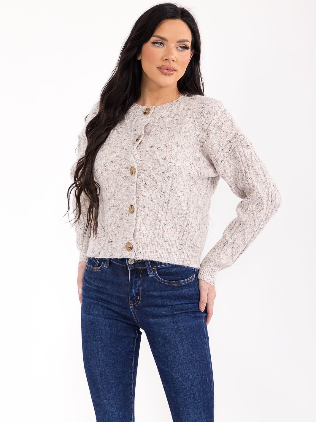 WOMEN'S LONG SLEEVE BUTTON UP DETAILED KNIT SWEATER