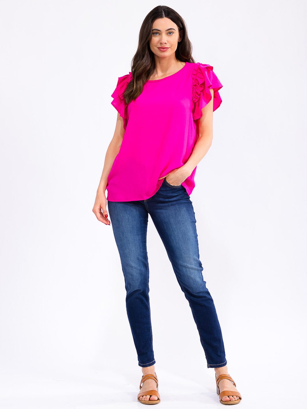 WOMEN'S SHORT RUFFLE SLEEVE LOOSE FIT BLOUSE