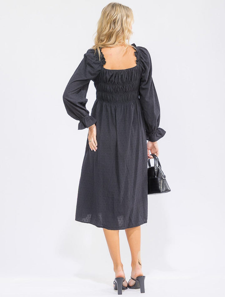 WOMEN'S LONG SLEEVE SMOCK RUFFLE SWISS DOTS MIDI DRESS