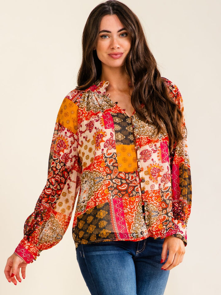 ENTRO WOMEN'S LONG SLEEVE V-NECK BUTTON UP MULTI PRINT BLOUSE