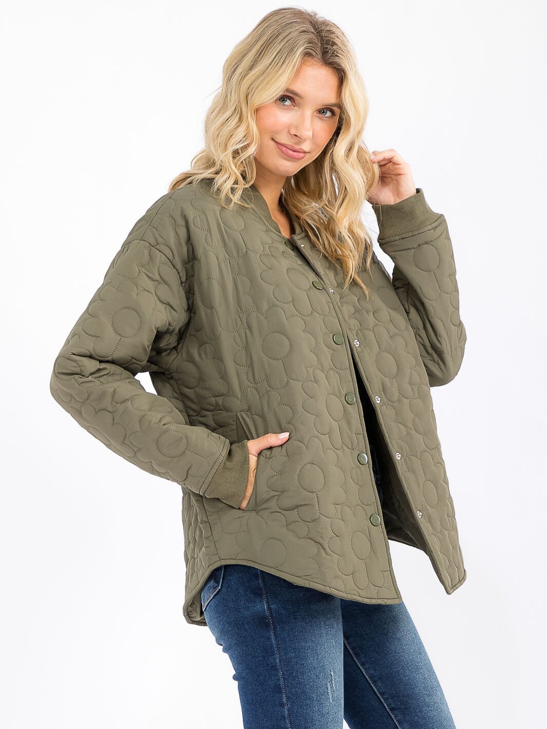 WOMEN'S LONG SLEEVE BUTTON CLOSURE FRONT POCKETS FLORAL JACKET